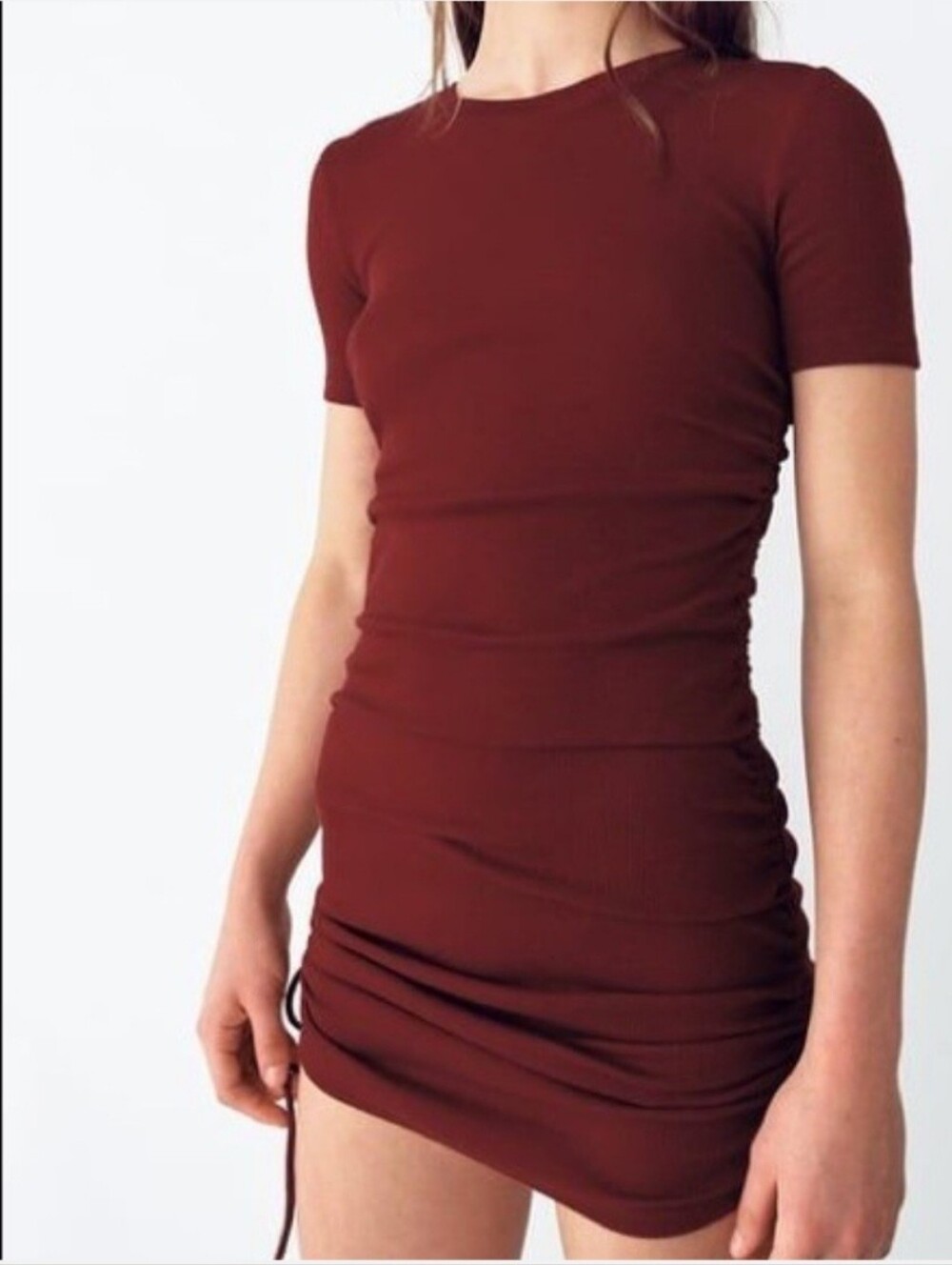 Zara short sleeve ribbed mini dress, side ruching + drawstrings, deep red, large